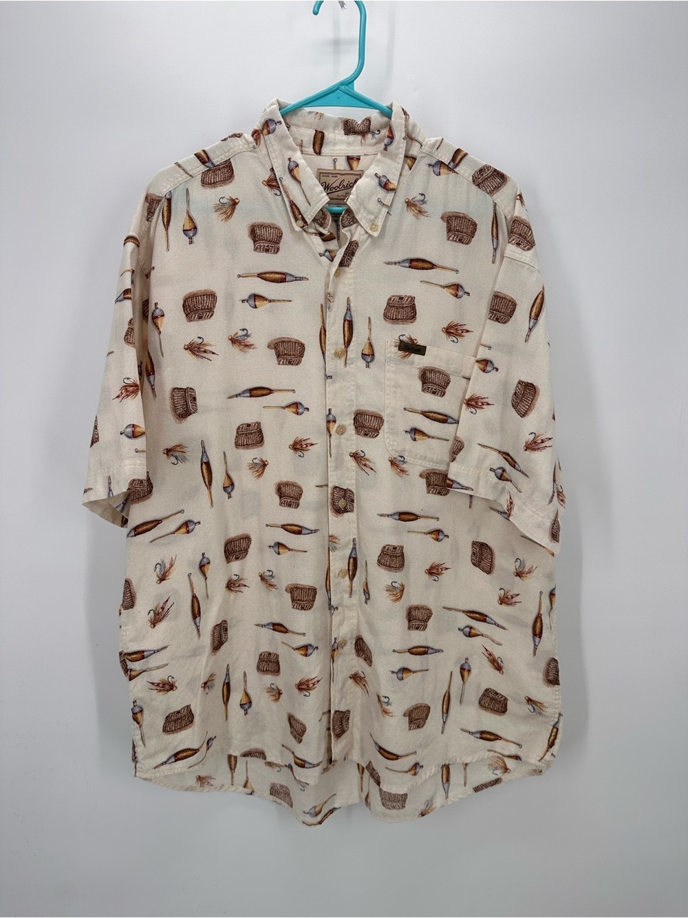 Vintage Tackle-Print Short Sleeve Button-Up Woolrich Top